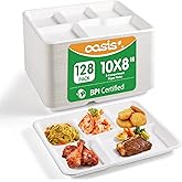 OasisSN 𝟭𝟬𝘅𝟴", 𝟭𝟮𝟴-𝗣𝗮𝗰𝗸 5-Compartment Disposable Paper Plates, 𝗦𝗺𝗮𝗹𝗹 Compostable Heavy-Duty Disposable Divided Plates for Meal Prep, School Lunches & Party Buffets, (BPI Certified)