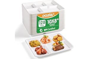 OasisSN [10×8", 128-Pack] 5-Compartment Disposable Paper Plates, Compostable Heavy-Duty Disposable Divided Plates for Meal Pr