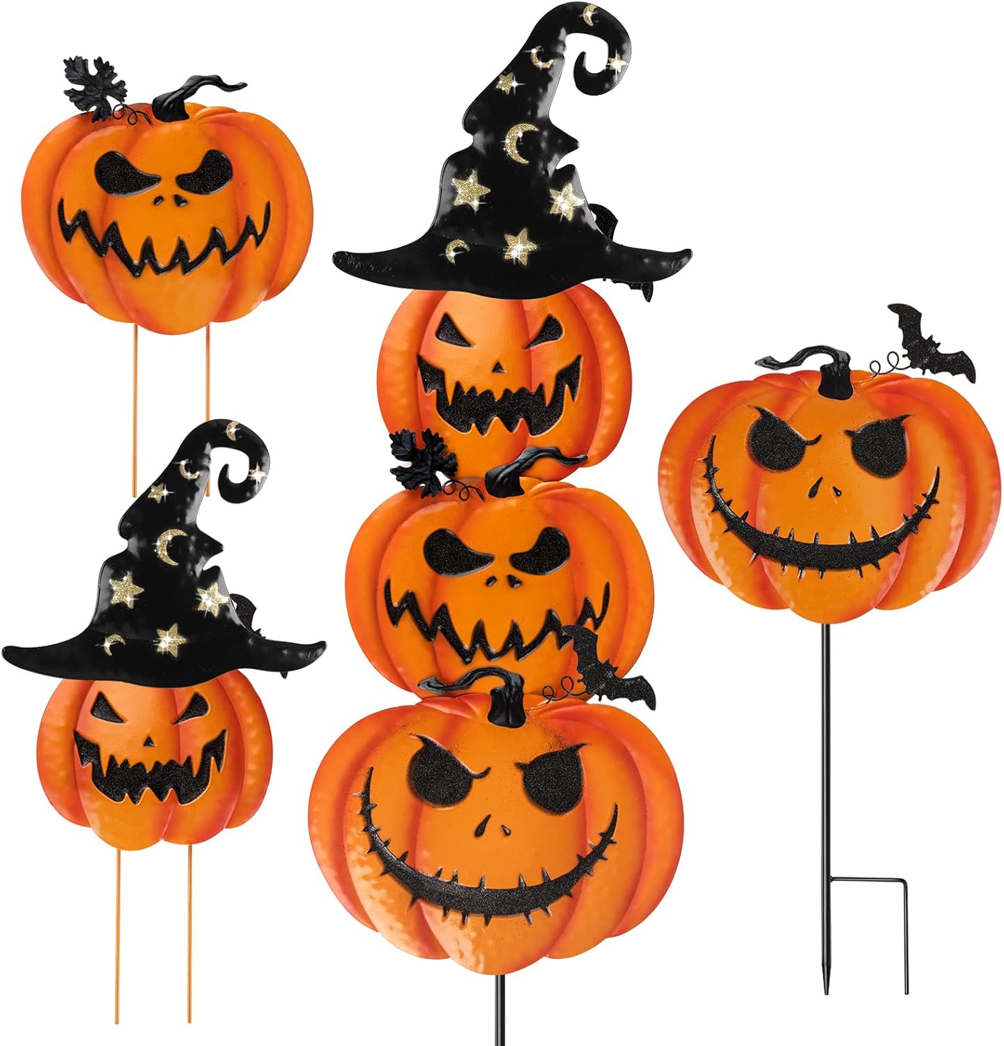 Decorative Garden Stakes - COCHIE Halloween Garden Stakes, Stacked Metal Pumpkins Jack-o-Lantern Lawn Decor with Witch Hat, Shimmering Halloween Yard Signs Stake Decorative Pumpkin Stake for Outdoor Lawn Patio