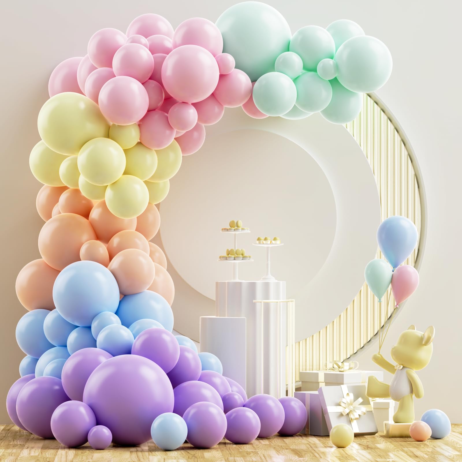 NISOCY Pastel Balloons Arch Garland Kit, 126PCS 18In 12In 10In 5In Pastel Color Rainbow Balloons Different Sizes for Birthday Baby Shower Wedding Gender Reveal Unicorn Party Decorations
