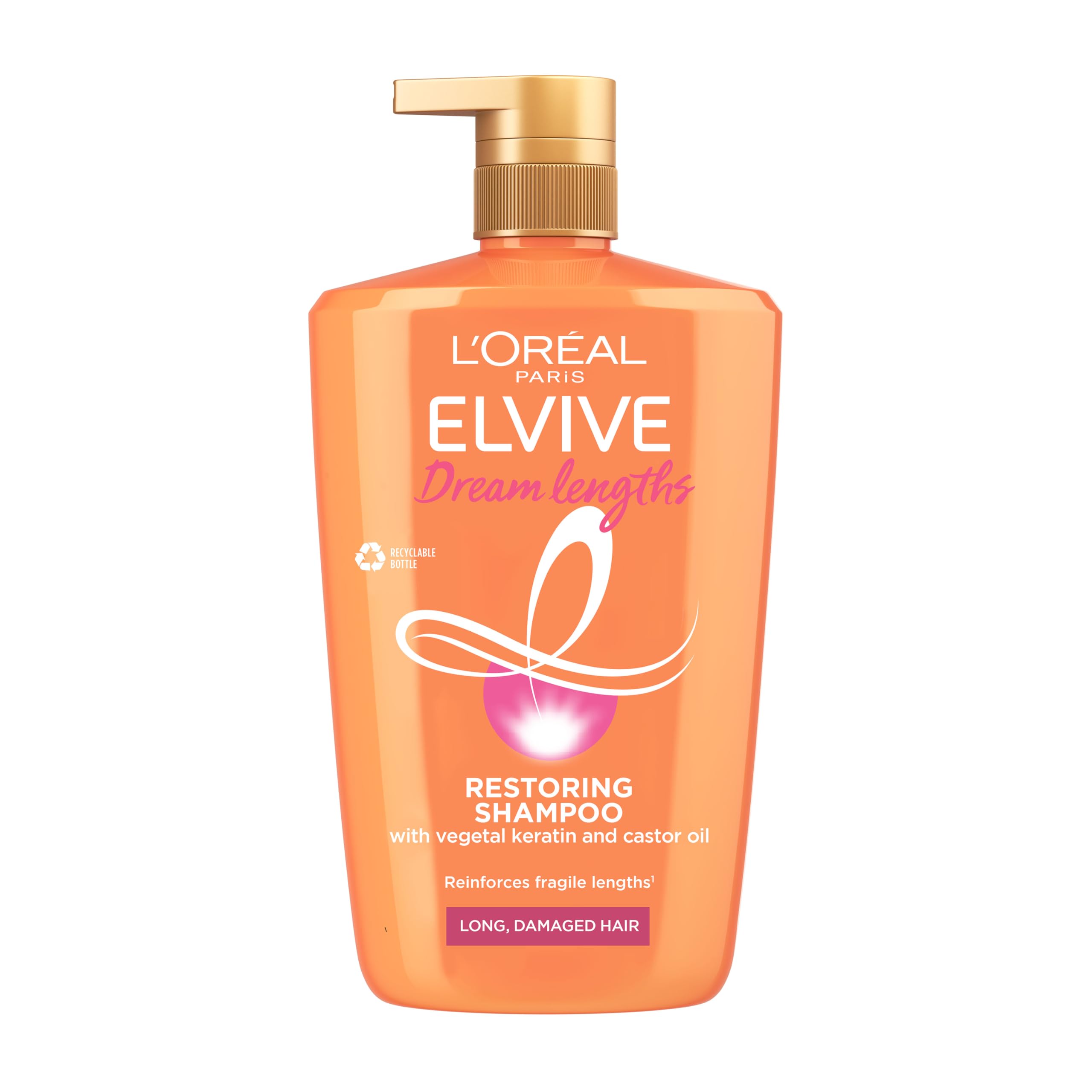 L’Oréal Paris Shampoo For Long Damaged Hair And Hair Growth Goals, Elvive Dream Lengths XL Formula Enriched With Castor Oil, Vegetal Keratin And Vitamins, Prevent Breakage And Nourish Hair Fibre, 1L