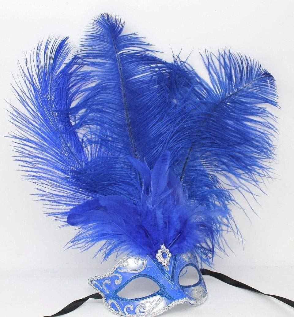 LADIES BLUE & SILVER VENETIAN MASQUERADE HALLOWEEN CARNIVAL PARTY EYE BALL LONG FEATHER MASK