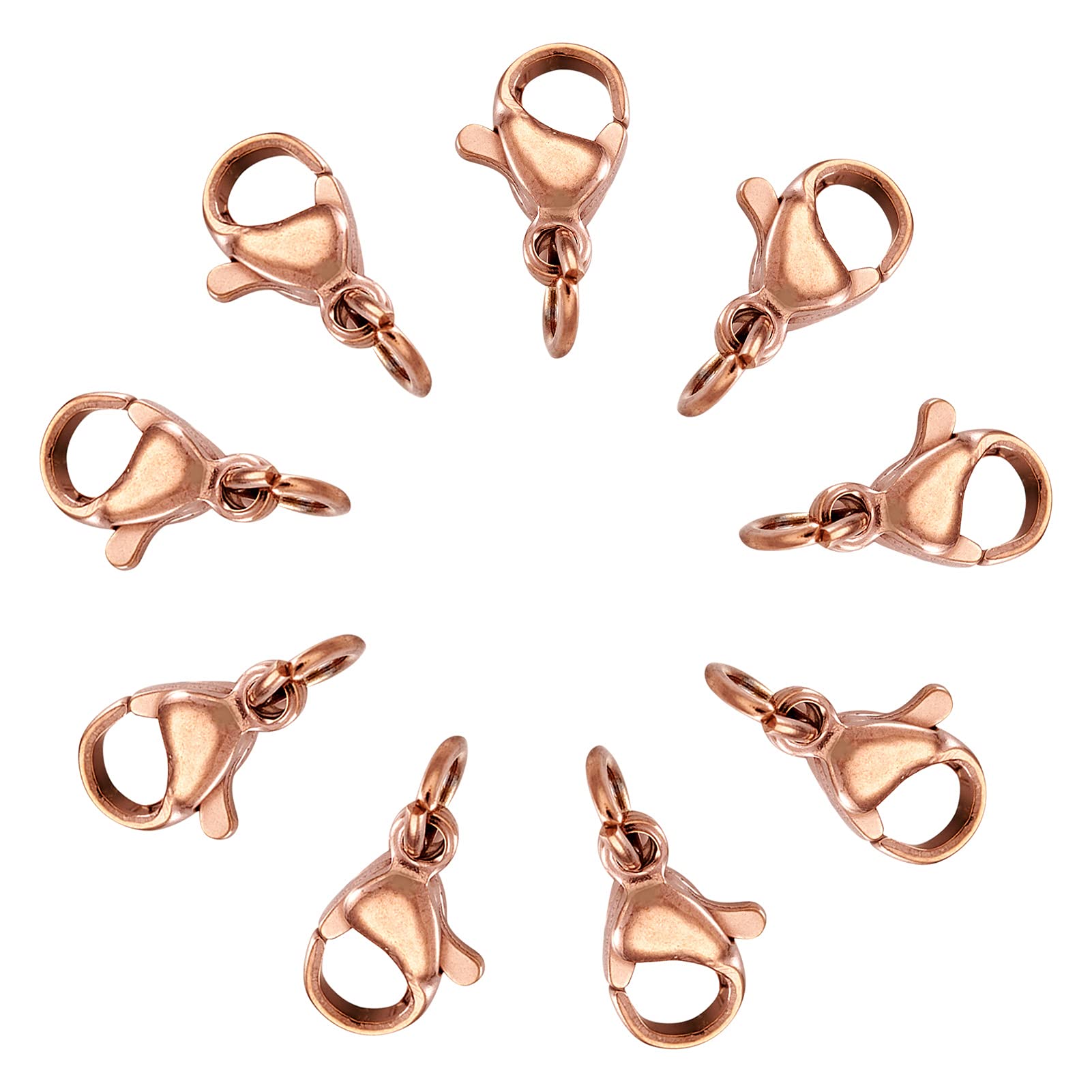Beadthoven 100pcs Rose Gold Lobster Claw Clasps 10x6mm 304 Stainless Steel Trigger Curved Fasteners Hook Clasp with Open Jump Rings for Bracelet Necklace Connector Jewelry Making