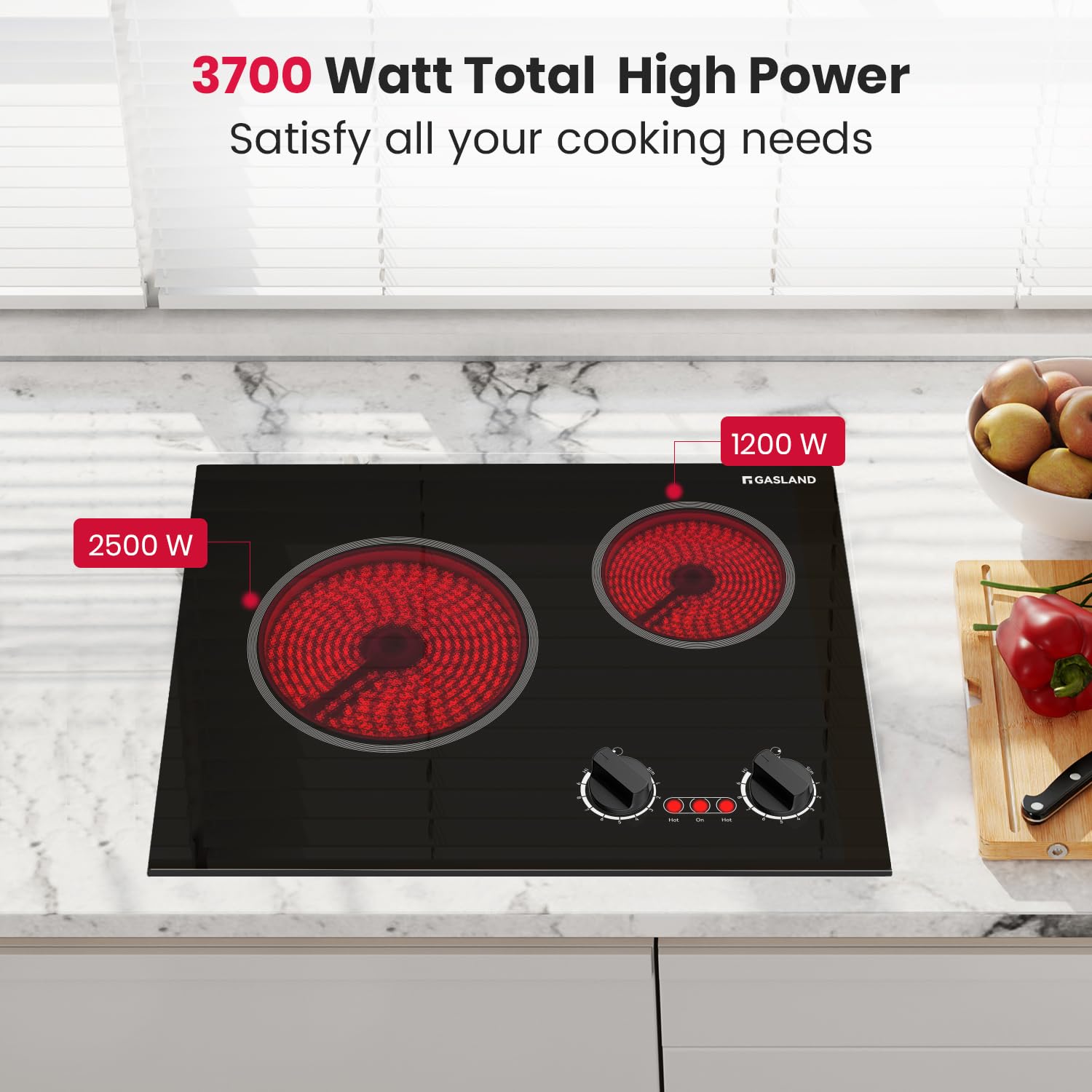GASLAND Apartment Electric Cooktop 2 Burners, 21 Inch Built in Radiant Glass Stove Top, UL Certified, 3700W Ceramic Electric Stovetop, 9 Heating Levels, Knobs Control, Instant Heating Up, 240V