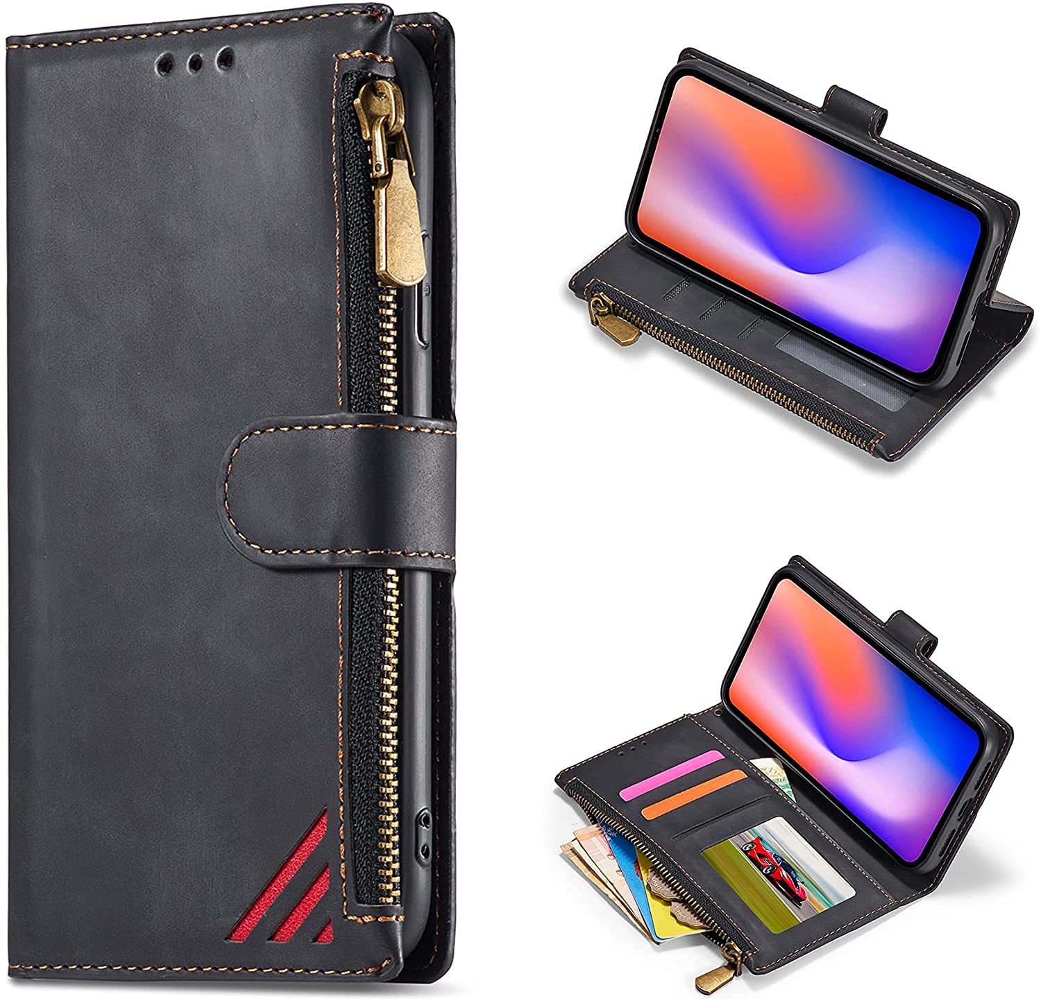 DEFBSC Case for iPhone XR, Stitching Zipper Case Premium PU Leather Magnetic Closure Card Holder Slots Zipper Pocket Case with Wrist Strap TPU Shockproof Flip Case Cover - Black