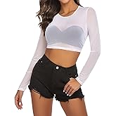 Avidlove Women Mesh Crop Top Long Sleeve See Through Shirt Sheer Blouse O Neck Clubwear S-4XL