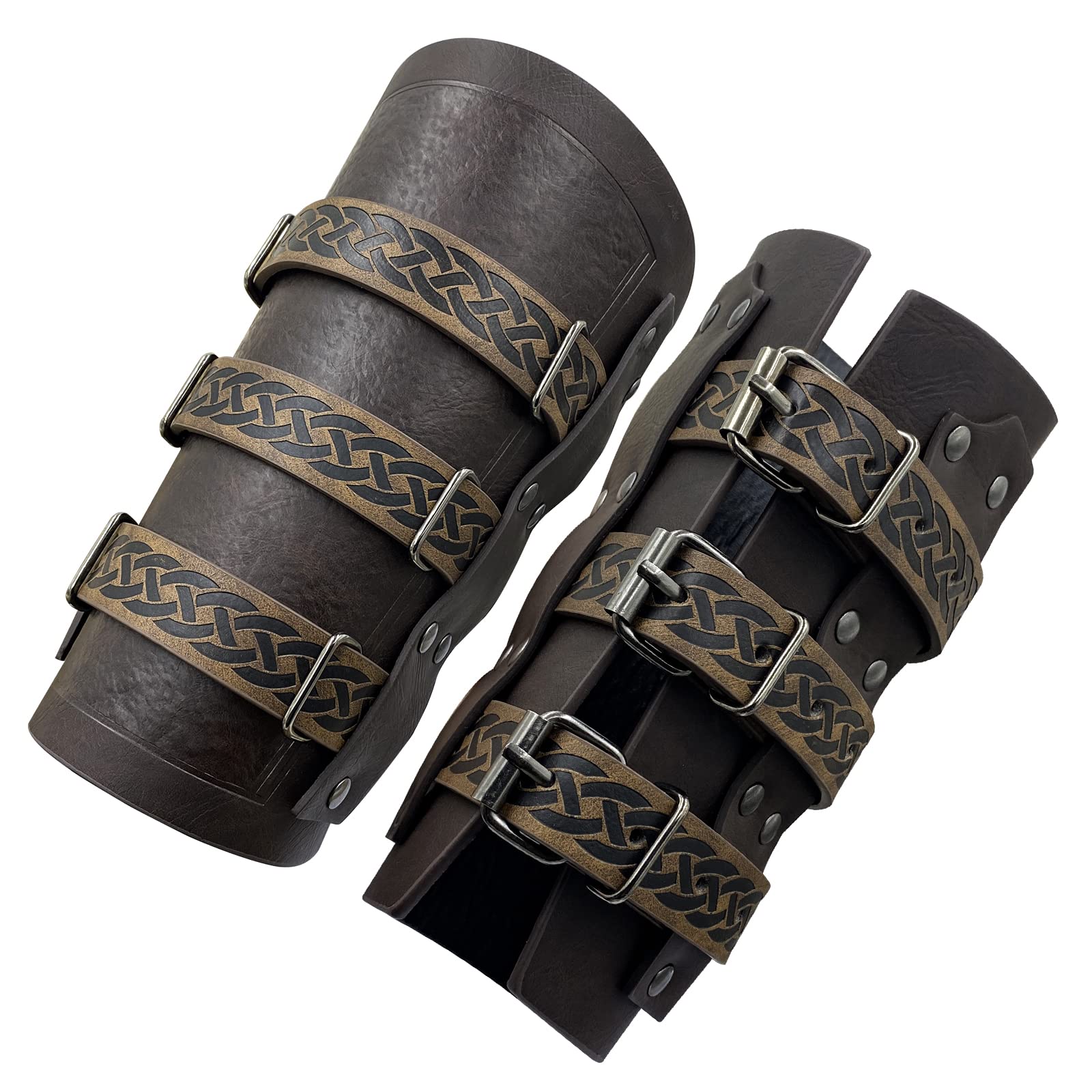 HiiFeuer Medieval Vintage Faux Leather Bracers, Retro Buckle Fastening Mercenary Arm Guards, Costume Knight Gauntlets (Brown A)