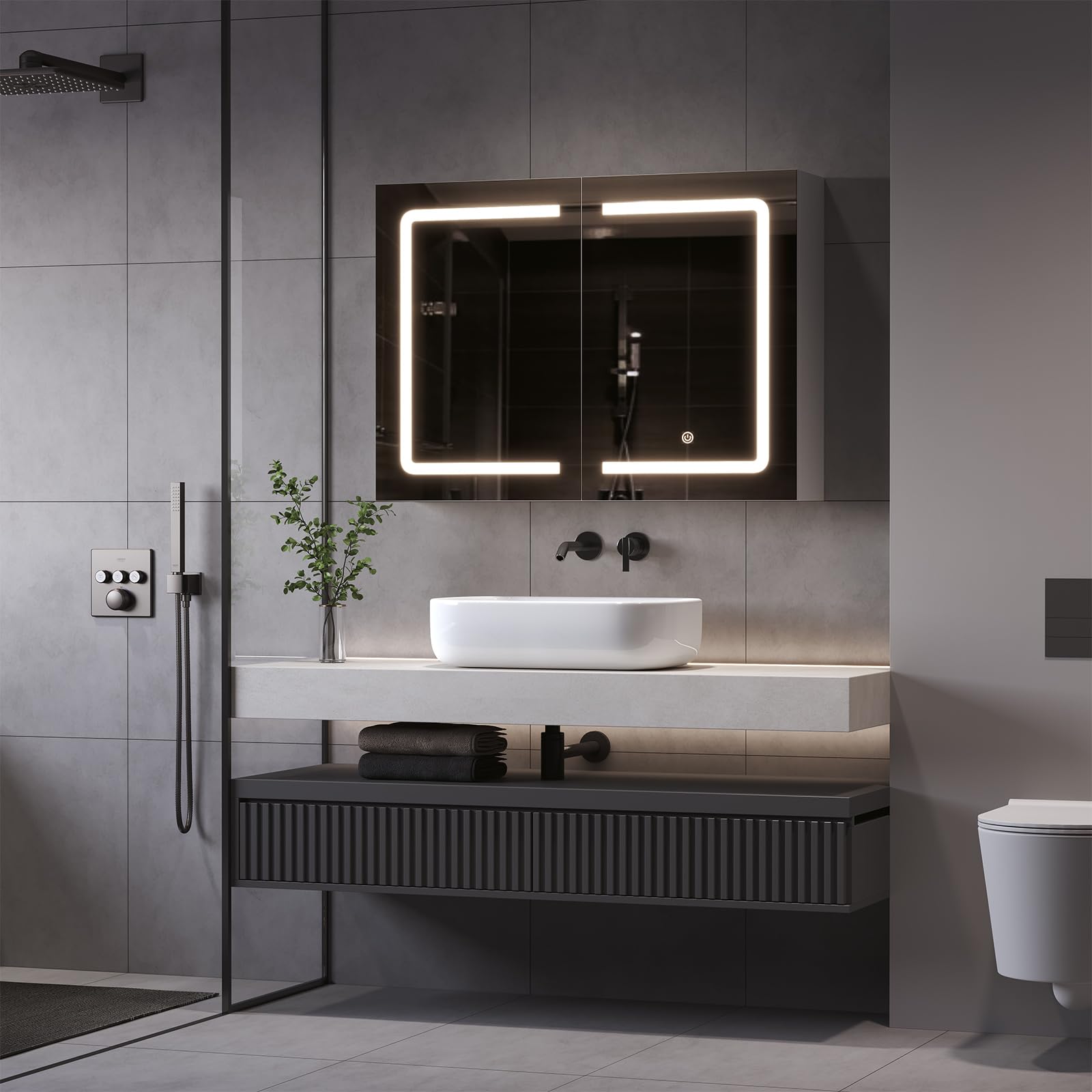 DICTAC Badezimmer spiegelschrank mit Beleuchtung 80x60x16cm Spiegelschrank Bad mit LED und Steckdose 80 cm Breit Doppeltür Badschrank mit Spiegel und Ablage,Hängeschrank,Berührung Sensorschalter,Weiß 9