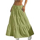 DERAX Women's Boho Flowy White Maxi Skirt Flared Ruffle Elastic Waist Summer A Line 2026 Spring Long Skirts