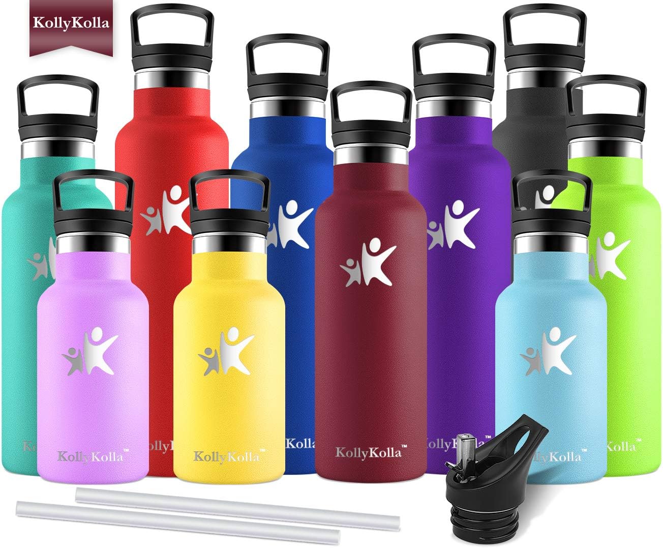 KollyKolla Insulated Water Bottle, Stainless Steel Vacuum Drinks Bottles - 350/500/600/750ml/1L - Leakproof Hot/Cold Metal Flask with 2 Straws & Lids, Bpa Free for Kids, Sports, Gym, Running