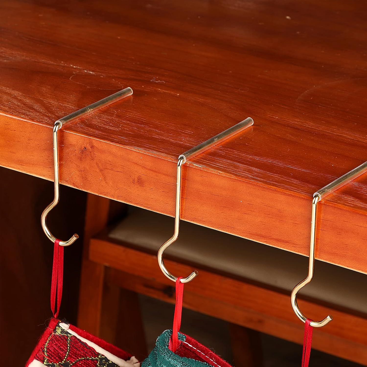 Ornament Hooks - 4 Pieces Christmas Stocking Holders Mantel Hooks Hanger Stocking Non-Slip Safety Hang Grip Christmas Fireplace Hanging Hooks for Christmas Party Home Kitchen Decoration, Gold