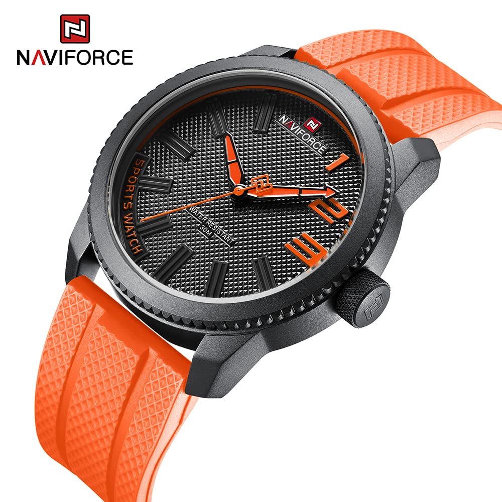 NANVIFORCE Fashion Watch with Silicone Strap Top Brand Luxury Men Watches Sport Waterproof Quartz Watches for Men, Orange, English