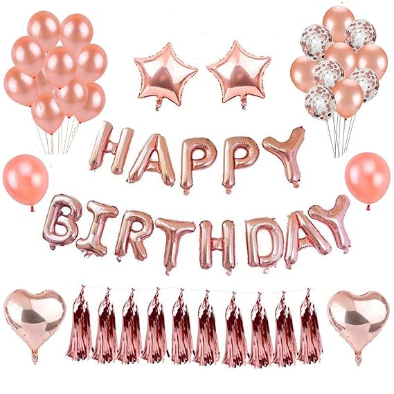 Deko Geburtstag, Geburtstag Dekoration Set, Rose Gold Kindergeburtstag Deko Selbst Aufblähen Folie HAPPY BIRTHDAY Banner Konf
