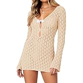 Saodimallsu Womens Crochet Cover Up Long Sleeve Sexy Bodycon Sheer Knit Summer Beach Swimsuit Coverup Cut Out Mini Dress