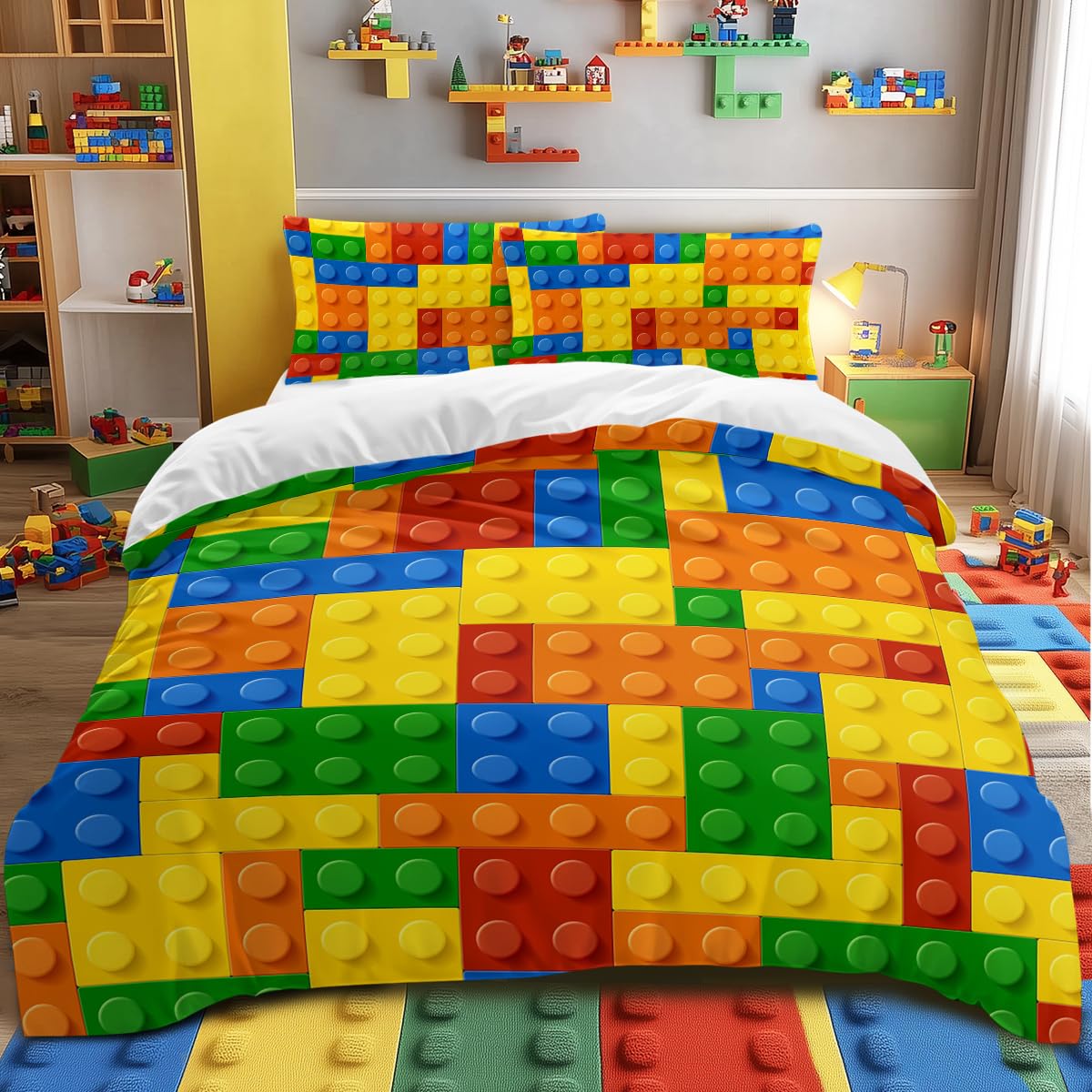BlessLiving Kids' Duvet Cover Set: Premium Brushed Microfiber Building Blocks Bedding Set - 3-Piece Comfy King Quilt Cover for Teens Boys Girls Bedroom