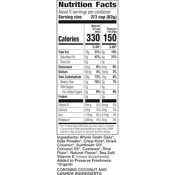 CASCADIAN FARM ORGANIC GRANOLA WITH NO ADDED SUGAR, COCONUT CASHEW CEREAL, RESEALABLE POUCH, 11 OZ.