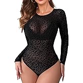 Buauty Womens Mesh Long Sleeve Bodysuit Round Neck Sheer Mesh Bodysuit See Through Leotards with Snap Crotch Clubwear Leopard