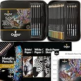 Castle Art Supplies 48 Metallic Colored Pencils for Adults - with Extras | Shimmering wax cores for professionals, adult artists, and colorists - carry-anywhere zipper case with bonus extras
