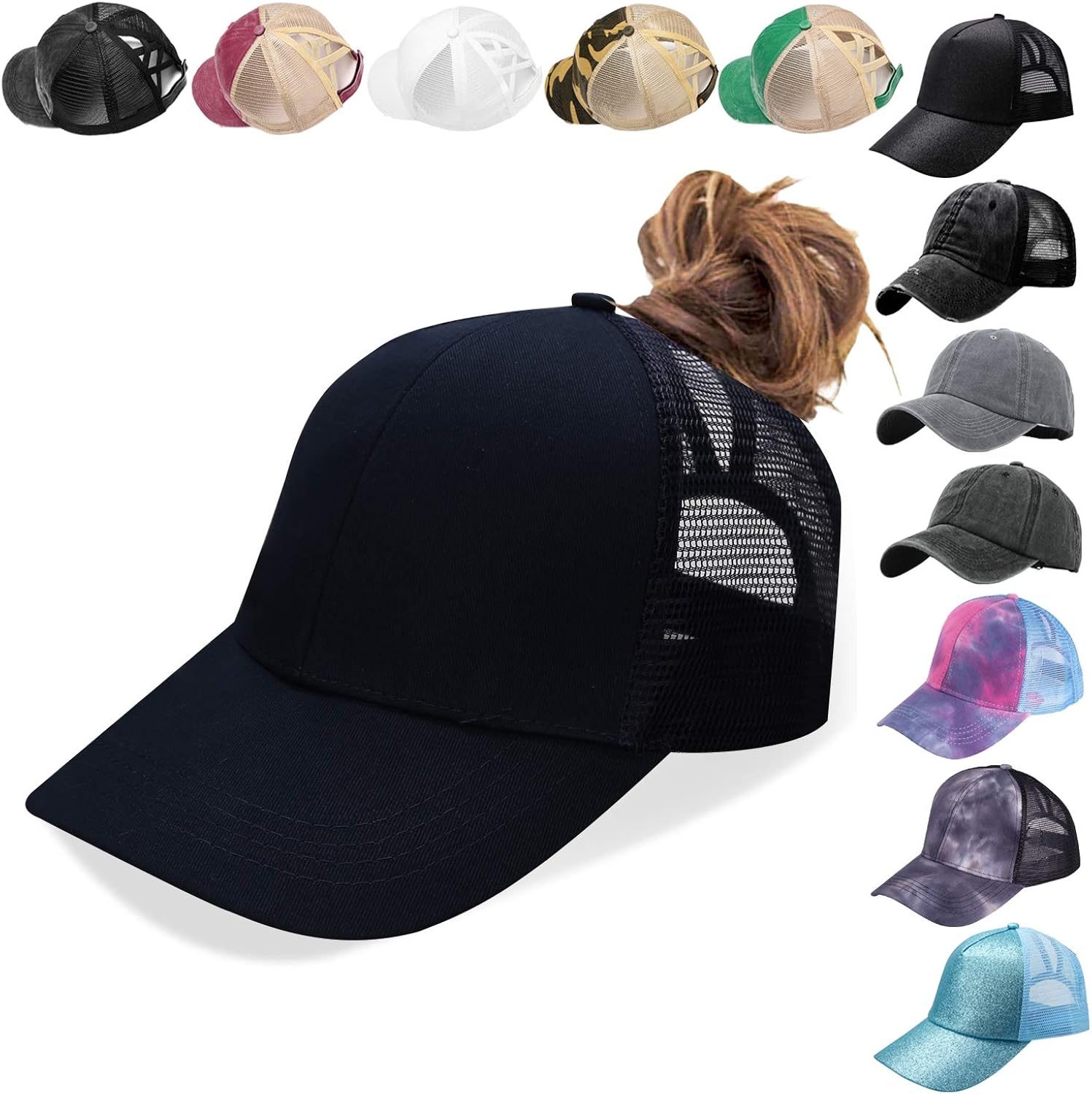 NeuFashion Ponycap Messy High Bun Ponytail Adjustable Mesh Trucker Baseball Cap Hat, Black, One Size at  Women’s Clothing store