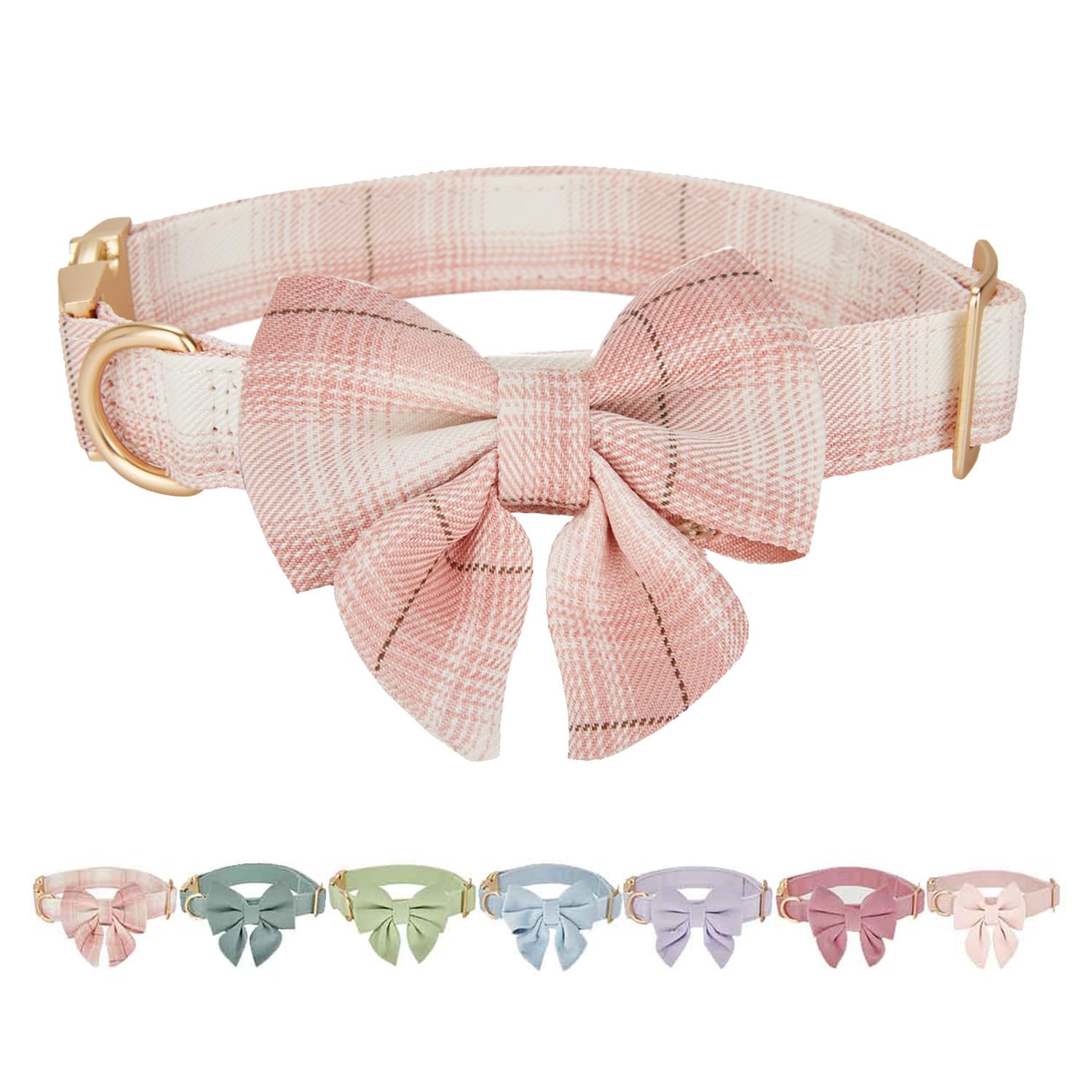 Petiry Tartan Dog Collar with Detachable Sailor Bowtie,Soft Small Dog Plaid Collars for Female Dog Neck 25-38cm,Plaid Pink — image 1
