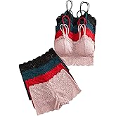 Verdusa Women's Lingerie Sets 6 Piece Lace Bow Floral Underwear Bras Wireless Padded Bra and Panty Set