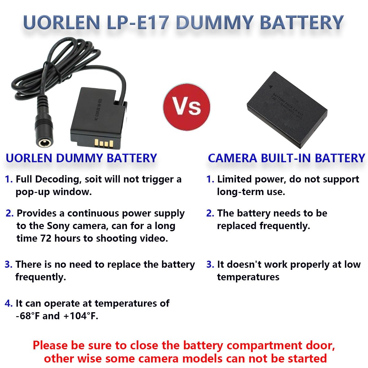 UORLEN ACK-E18 AC Power Adapter LP-E17 Dummy Battery Kit for Canon EOS Rebel T6i T7i SL3 SL2 EOS RP R8 R10 R50 R100 77D 200D 250D 750D 760D 800D 850D 8000D 9000D Cameras Accessories