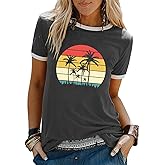 YEXIPO Graphic Tees for Women Short Sleeve Summer Tops Funny Letter Printed Loose Casual T Shirts
