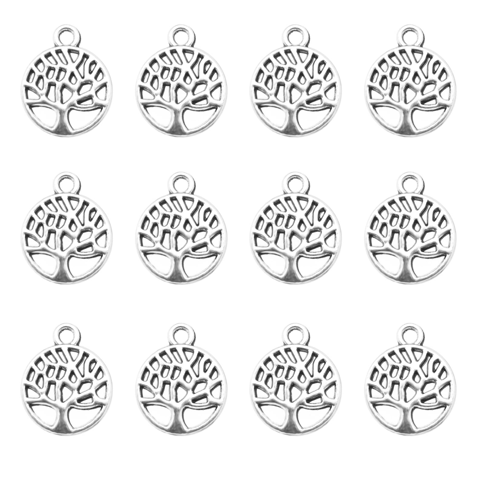 EMSea 100Pcs Tree of Life Pendants Tree Charms Pendant Metal Round Charms Zinc Alloy Jewelry Crafting Supplies for DIY Making Crafts Necklace Bracelet Silver