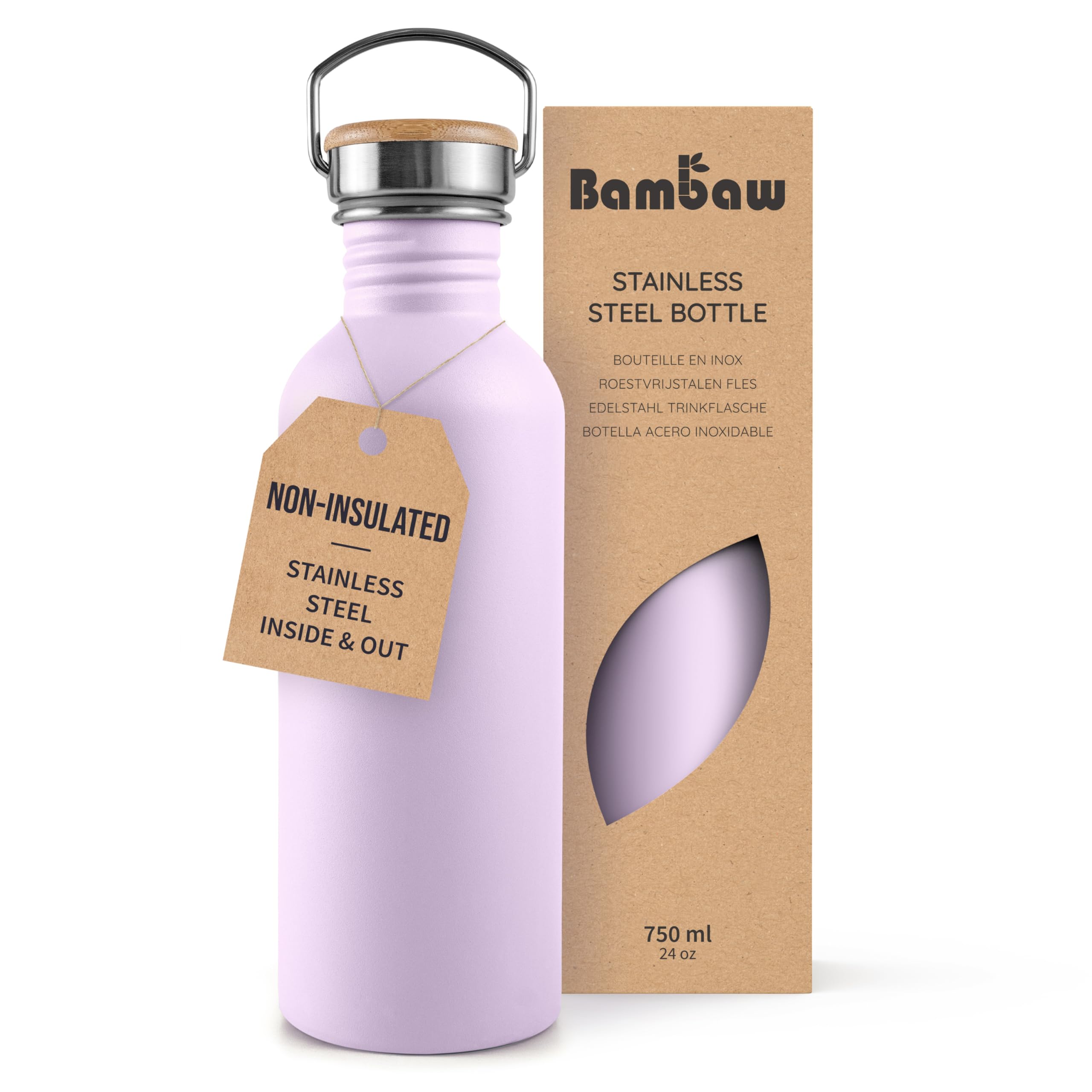 Bambaw Stainless Steel Water Bottle 750ml - Non-Insulated, Metal, BPA Free, Leakproof, Reusable - Lavender Haze Purple
