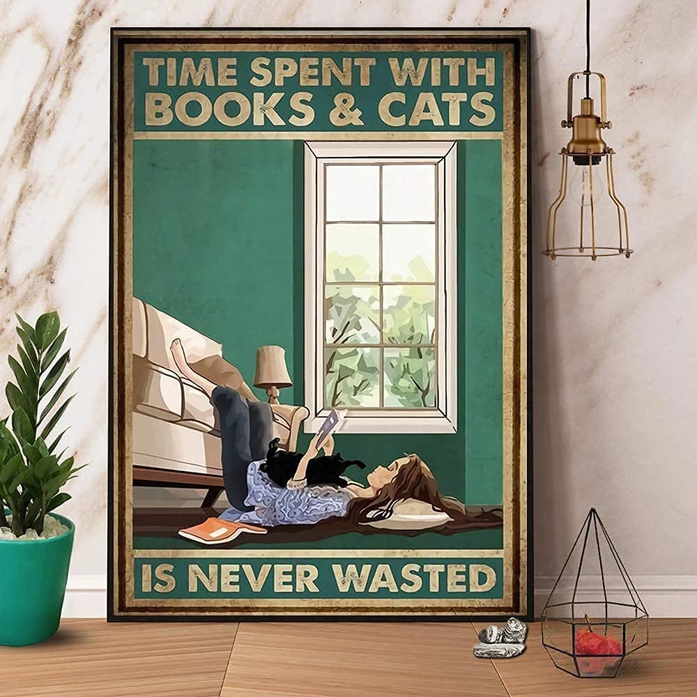 Girl and Cat Spend Time with Book, Cat is Amazing, Family Cafe Wall Decoration Tin Sign Home Decoration Indoor and Outdoor Poster Metal Sign 8X12inch