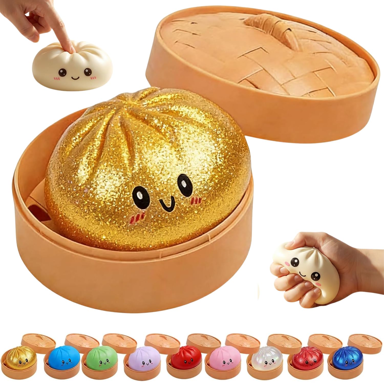 Dumpling Squishy, Glitter Dumpling Squishy, Squishiest Dumplings with Steamer Box, Stress & Anxiety Relief Toys for Kids & Adults Non-Edible (Glitter Gold)