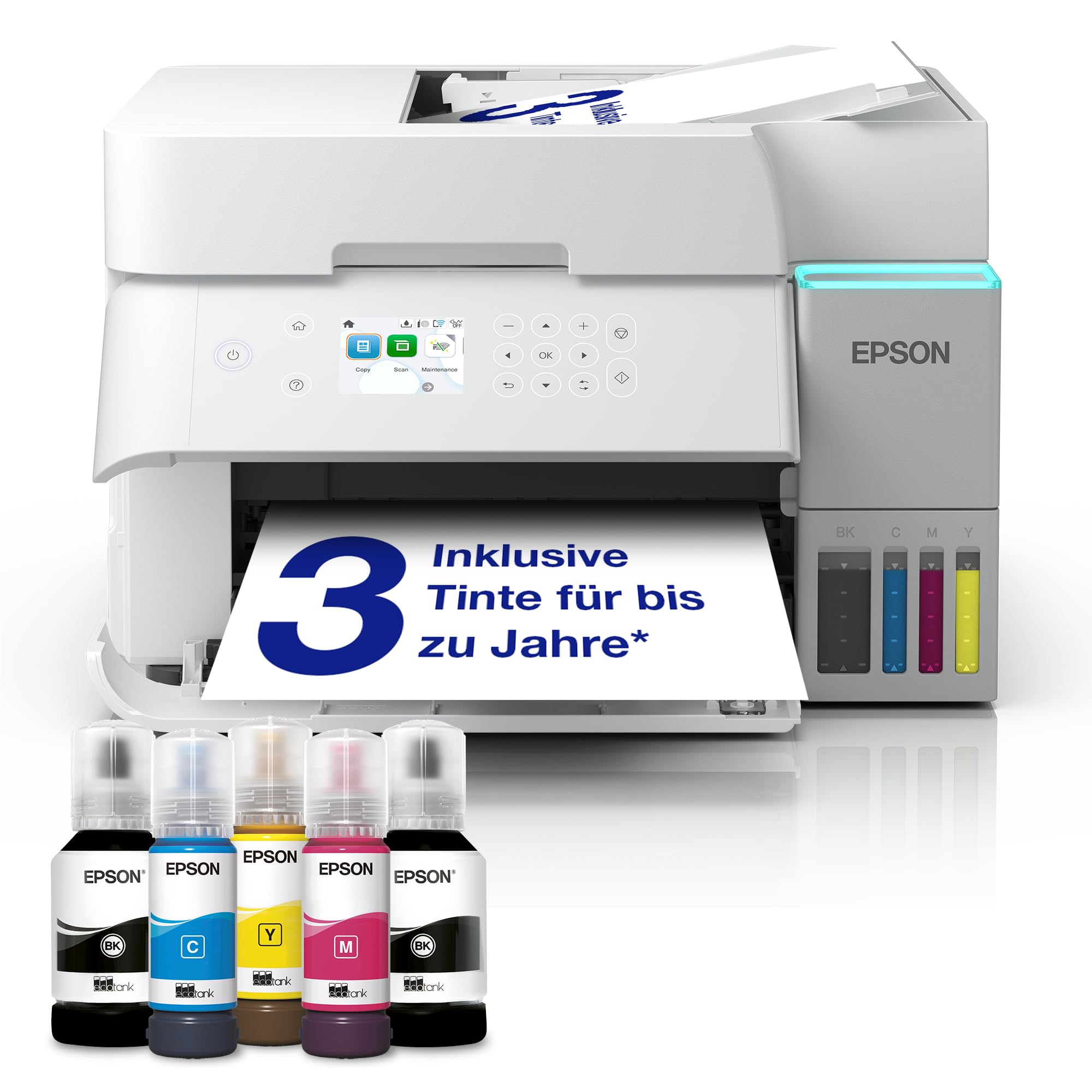 Epson EcoTank ET-3956 Tintentankdrucker | fürs Home Office | WLAN | A4 | Duplex-Druck, Kopieren, Scannen | 6.1 cm LCD-Display | 30-Blatt-ADF| inkl. Tinte für bis zu 3 Jahre