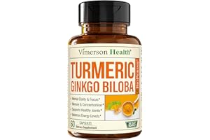 VIMERSON HEALTH Ginkgo Biloba and Turmeric Curcumin Supplement with Black Pepper & Organic Tumeric – Natural Turmeric Supplement for Focus, Memory, Joint & Brain Health – 60 Vegan Ginko Biloba Capsules with Curcuma