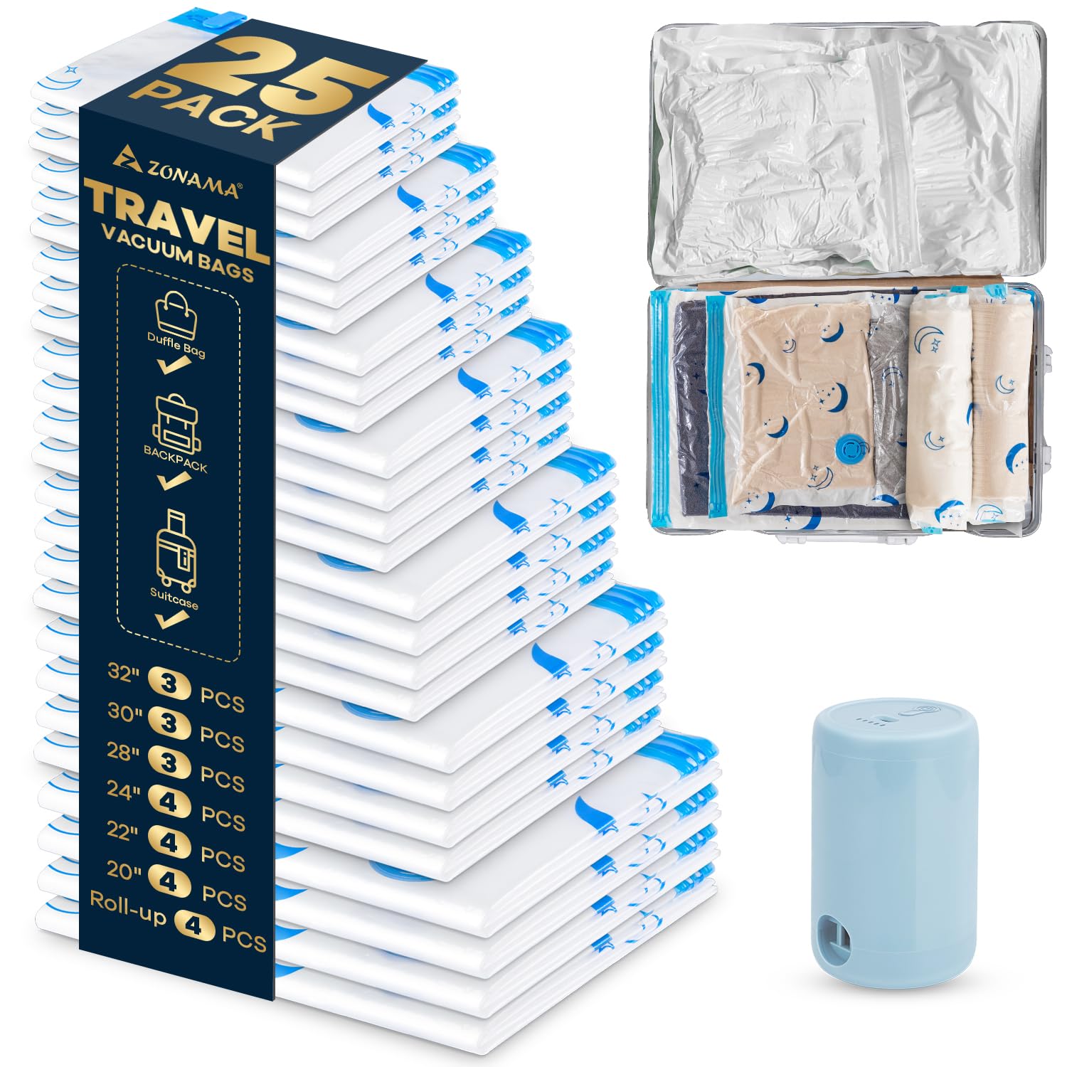 Photo 1 of **MISSING VACUUM**Travel Compression Bags, 25 Pack Vacuum Storage Bags with 1500mAh Rechargeable Battery, Vacuum Seal Bag for Space Saving Clothes, Blanket, Duvets, Pillows, Comforters, Travel Essentials, Luggage