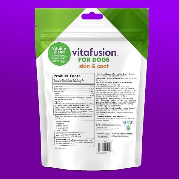 VITAFUSION FOR DOGS SKIN & COAT SUPPLEMENT, OMEGA 3 SALMON OIL & VITAMIN E – SUPPORTS HEALTHY SKIN, SHINY COAT & MOISTURE BALANCE, VET FORMULATED 120 CHEWS.