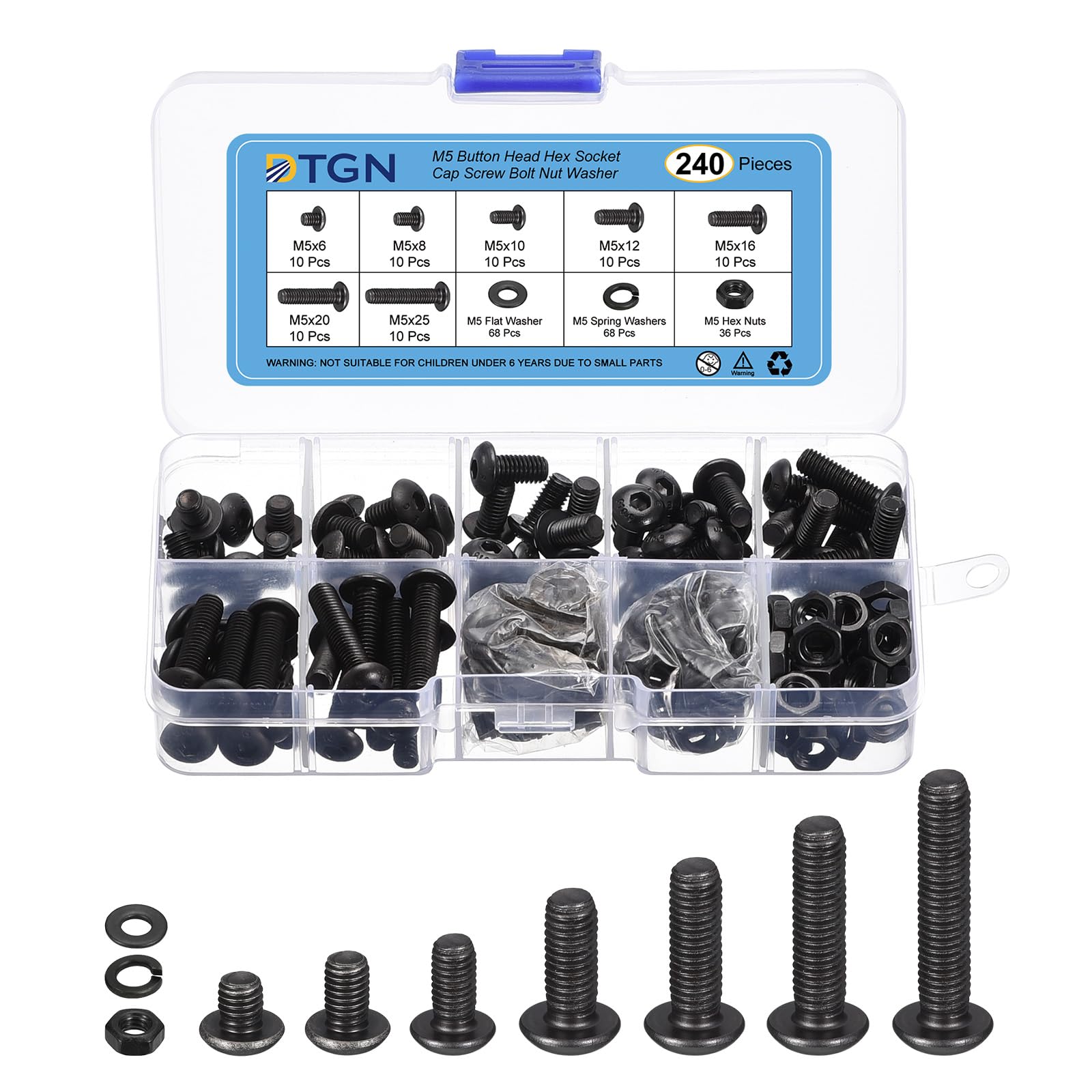 DTGN 240Pcs M5 Button Head Hex Socket Cap Screw - 6-25mm Bolt Nut Washer Assortment Kit Carbon Steel Black - Good for Machine, Furniture
