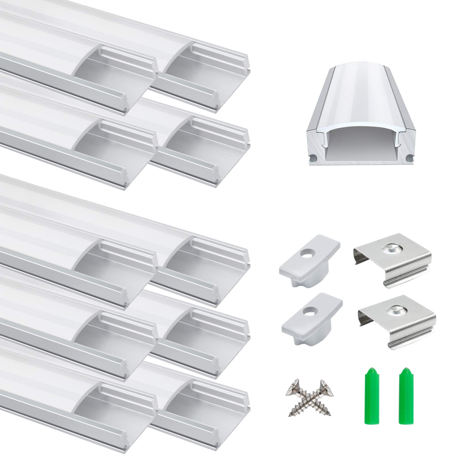 LightingWill Aluminum Channel 3.3ft/1Meter Silver U-Shape LED Diffuser With Milky White Cover, End Caps and Mounting Clips Aluminum Extrusion For LED Strip Lights U02