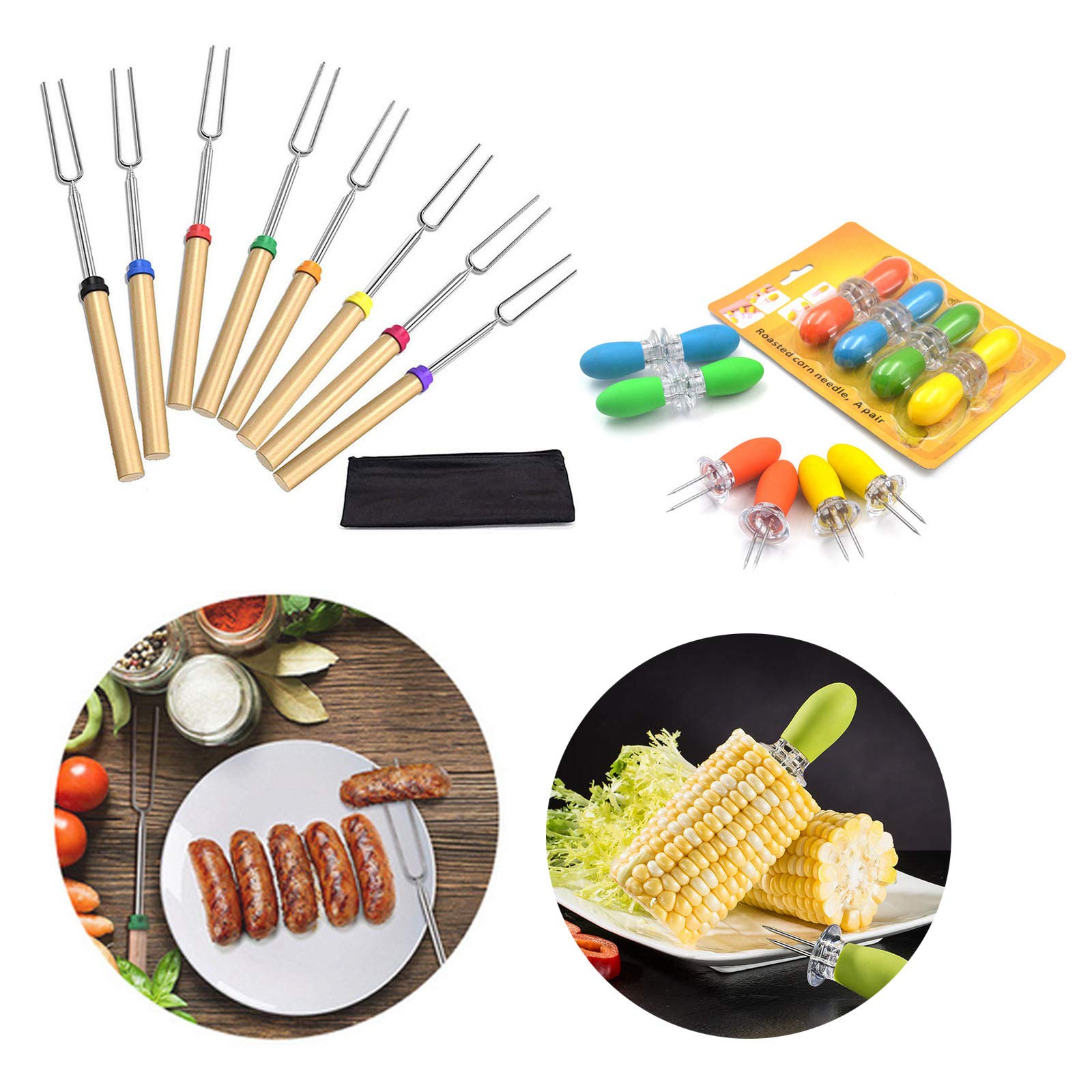 Yolistar 8pcs Roasting Sticks, 8pcs Corn Holders, Stainless Steel Hot Dog Fork with Wooden Handle Grilling Skewers, Corn Cob Skewers with Silicone Handle for BBQ/Home Cooking/Picnics/Parties/Barbecue