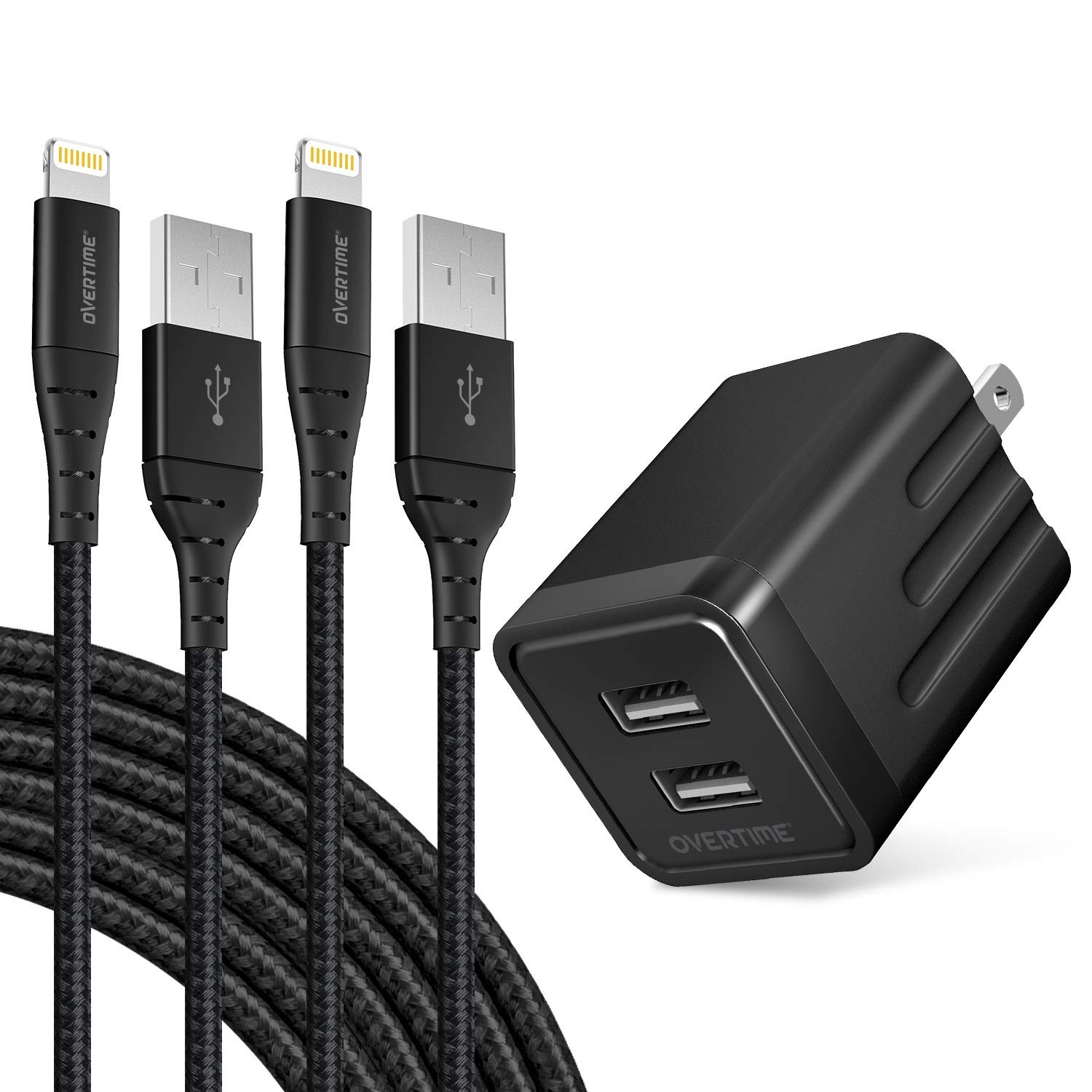 iPhone Charger Set, 2-Pack Overtime Apple MFi Certified Lightning Cables with 1 Dual USB Wall Adapter - 2.4 AMP Compatible w/iPhone 11 Pro Max XS XR X 8 7 6S 6 Plus SE iPad (Black/Black, 10ft)