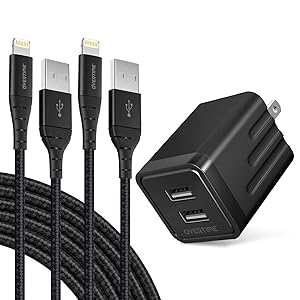 iPhone Charger Set, 2-Pack Overtime Apple MFi Certified Lightning Cables with 1 Dual USB Wall Adapter - 2.4 AMP Compatible w/iPhone 11 Pro Max XS XR X 8 7 6S 6 Plus SE iPad (Black/Black, 10ft)