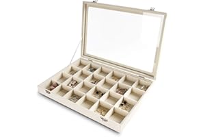 Frebeauty Jewelry Organizer Tray with Clear Lid 24 Grid Velvet Drawer Insert Jewelry Storage box with Transparent Glass lid Jewelry Display Case with Lock Gifts for Girls Women (Beige, 24 Grid)