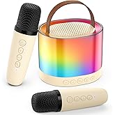 JYX Mini Karaoke Machine for Kids Adults, Portable Bluetooth Speaker with 2 Microphones, Support TF/AUX Input/4 Funny Magic Voice (Ivory White-2 Mic)