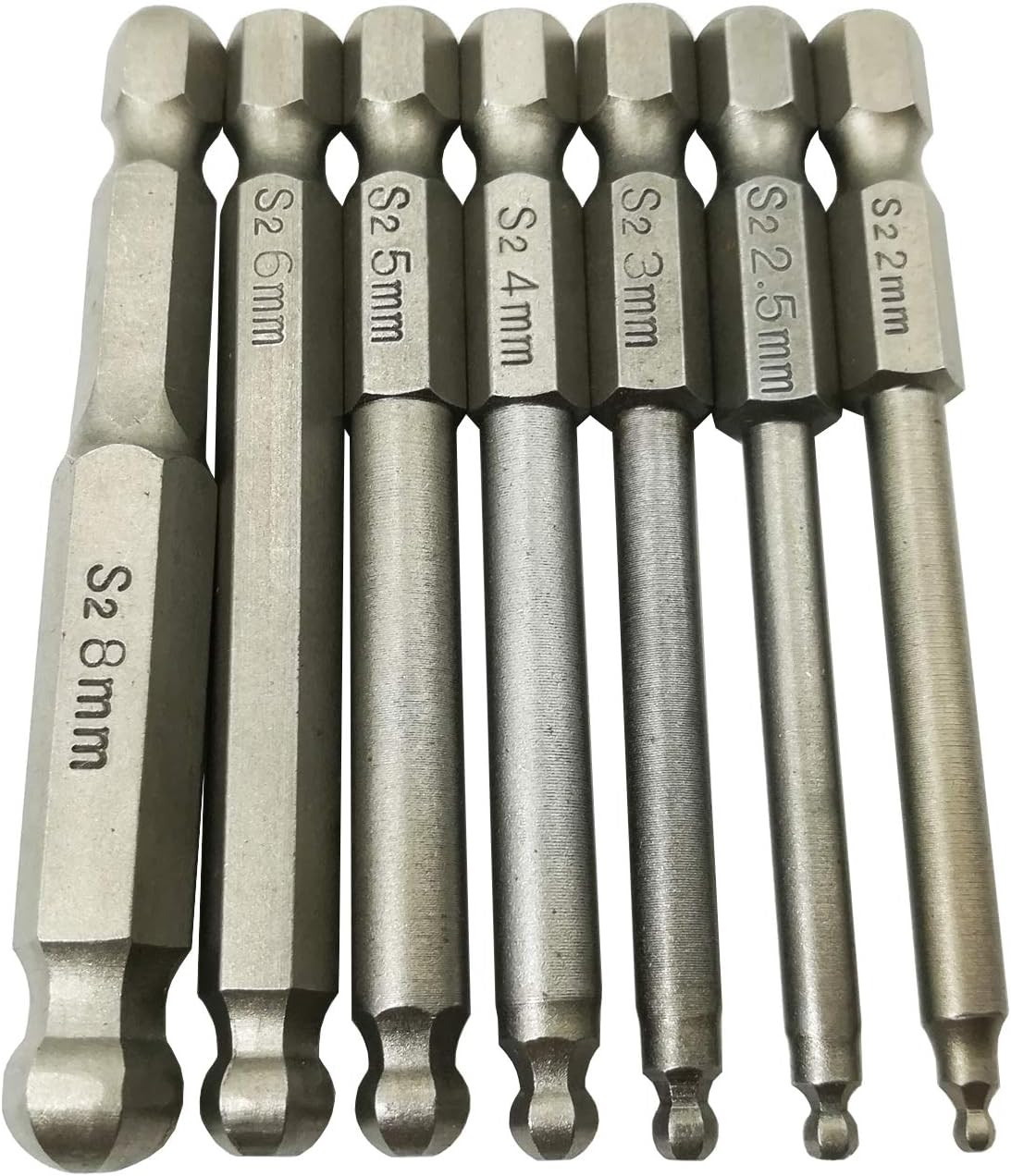 Lerom 7 PCS Ball End Hex Head Screwdriver Bits Set, 2MM 2.5MM 3MM 4MM 5MM 6MM 8MM Magnetic Balldriver Power Bits 1/4 Inch Hex Shank S2 Steel 65MM Length (Ball Hex bit)