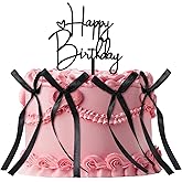 10 PCS Bow Cake Toppers with Happy Birthday Sign, Black Vintage Ribbon Cupcake Toppers Bowknot Cakes Decorations Accessory for Birthday Wedding Party Cake Decorations