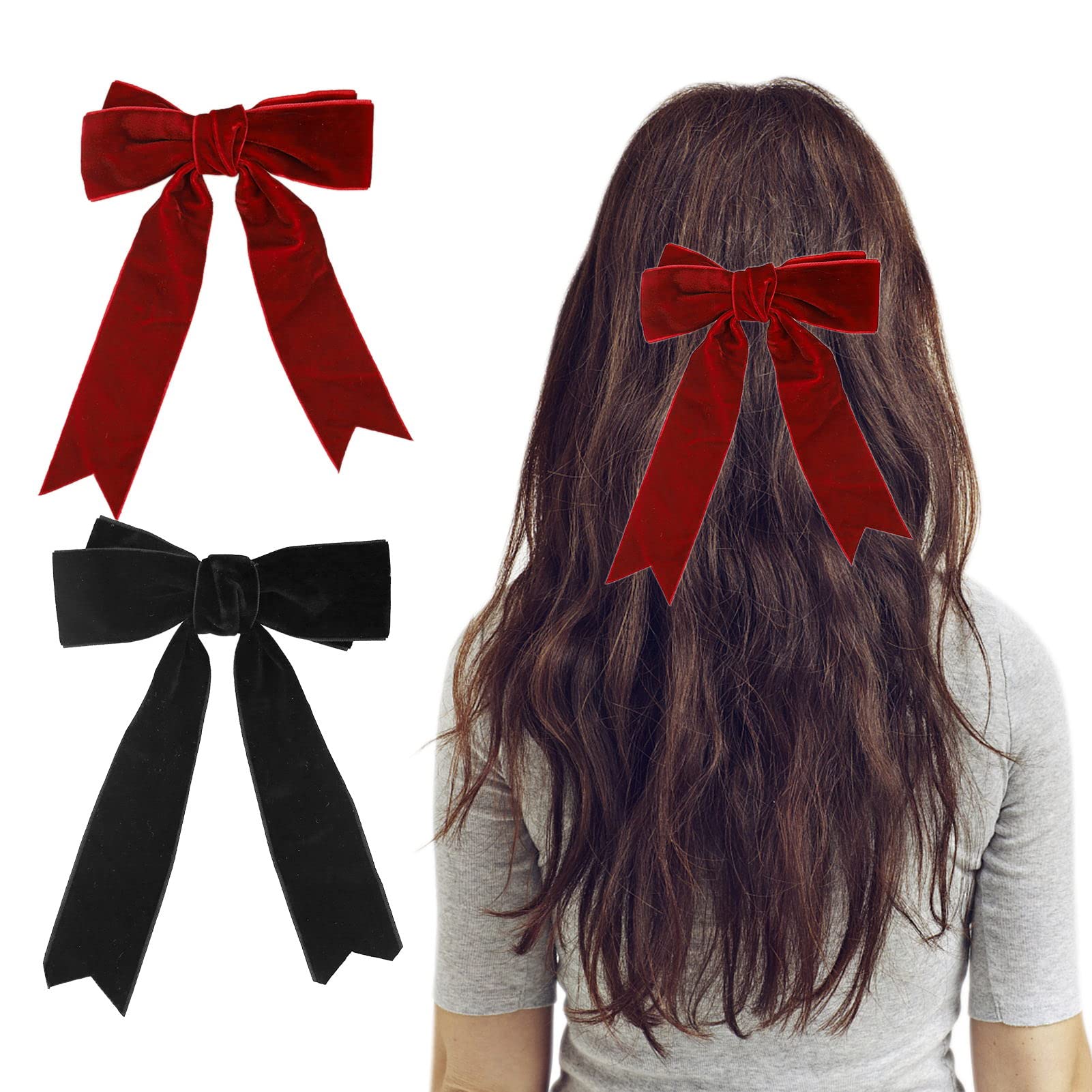 2Pcs Velvet Hair Bow Clips for Women - Large Vintage Barrette Hair Accessories for Party - Gifts for Girls & Ladies (Black & Red)