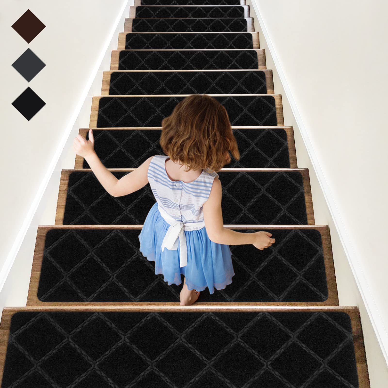 Photo 1 of RIOLAND Stair Treads Carpet Non-Slip Indoor 15 PCS Wood Stair Treads Rugs Anti Moving Modern Stair Runners Safety for Kids Dogs, 8" X 30", Diamond Black