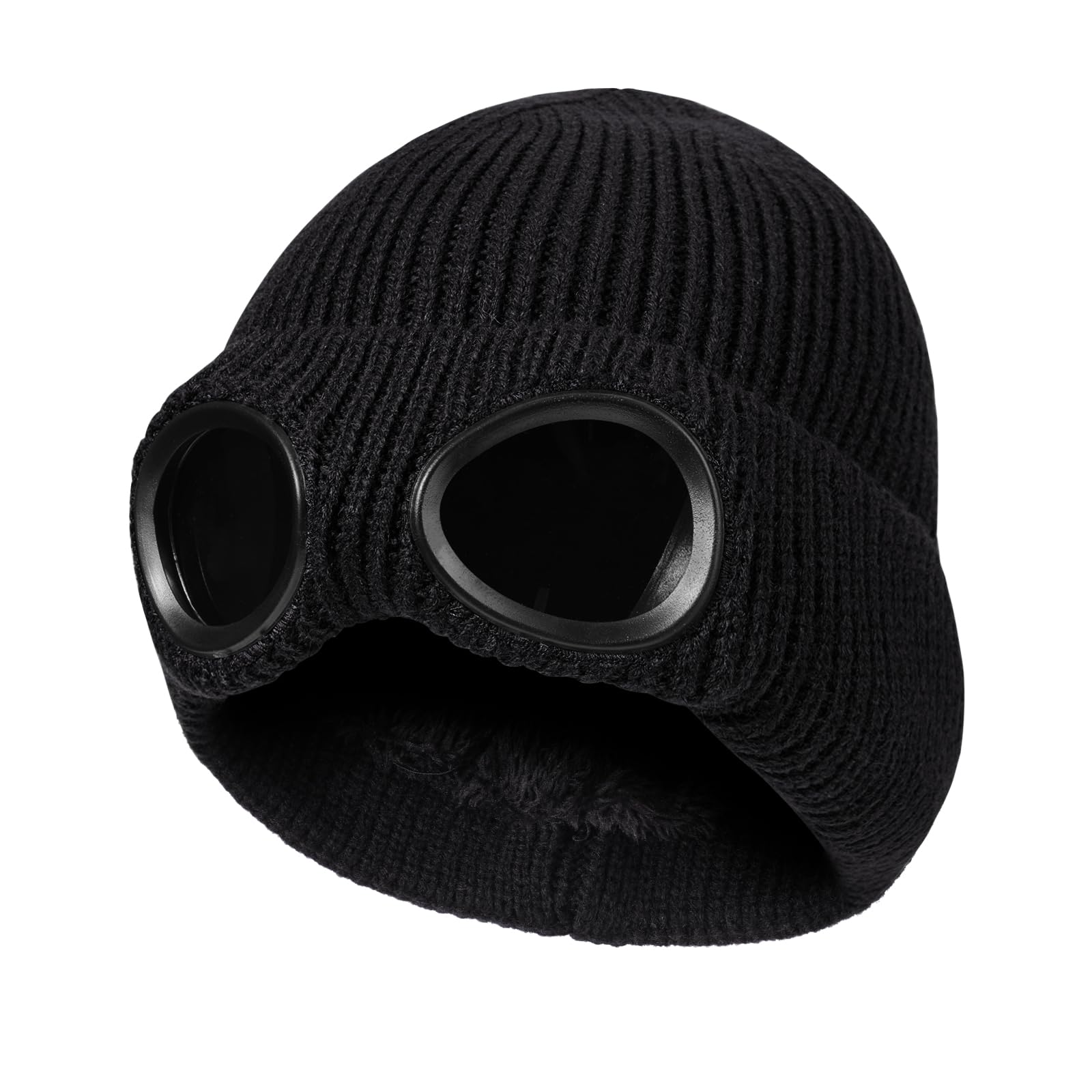 TAGVO Beanie Hat with Windproof Goggles, Winter Unisex Warm Fleece Lined Knit Hat, Thick Skull Cap Winter Woolly Hats for Outdoor Sports, Classic Stretchy Soft Knit Beanie Black