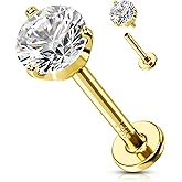 OUFER Lip Rings Stud, 16G 14K Solid Gold Internally Thread Lip Piercing Jewelry, Clear CZ Helix Tragus Conch Lobe Labret Piercing Jewelry