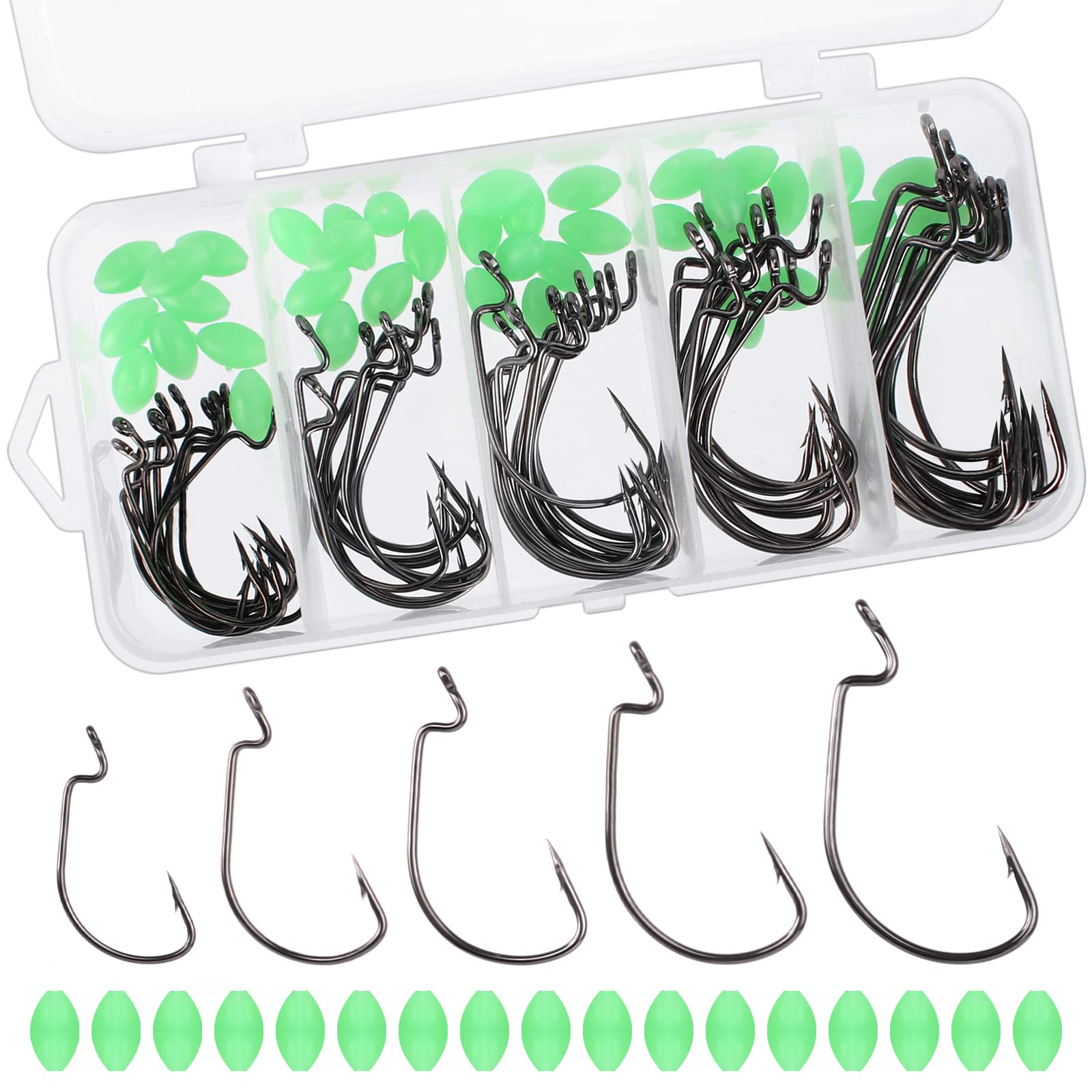 50Pcs Barbed Fishing Hooks Set Offset Fishing Hooks Set High Carbon Steel Eyed Sea Fish Hooks Carp Circle Hooks with 50Pcs Green Fishing Beads for Freshwater Saltwater Fish Trackle(5 Sizes)