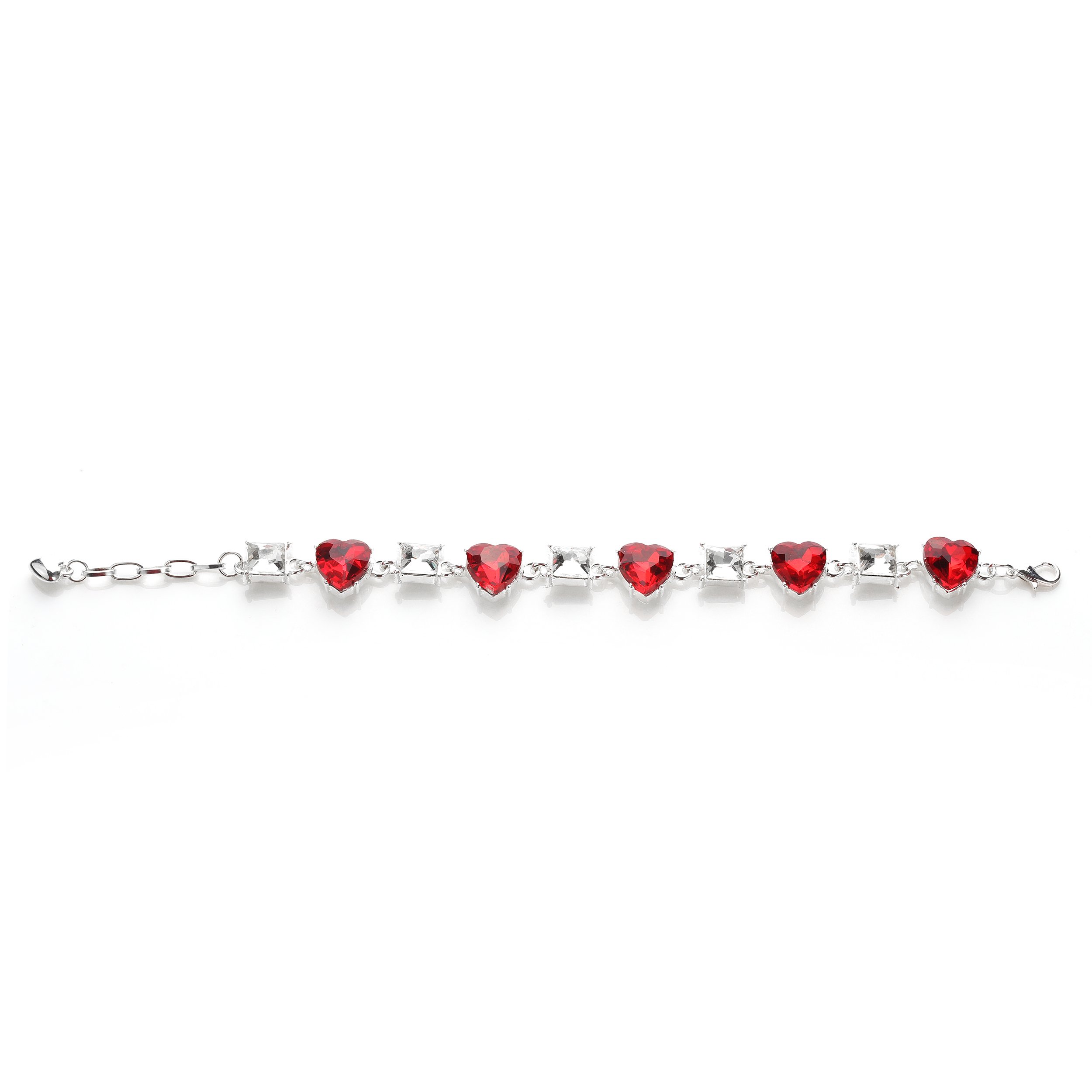 NOVADAB Red Heart Gem Tennis Bracelet, Silver Plated Red and White Stone Studded Perfect Fit Bracelet – 6.5”